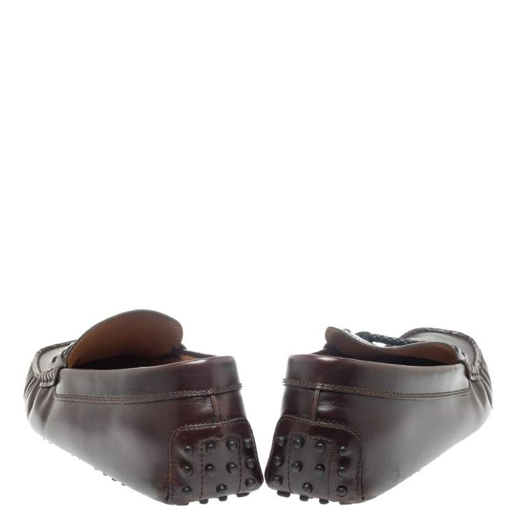 Pre Owned Tod's Burgundy Leather Braided Bit Slip On Loafers Size 44