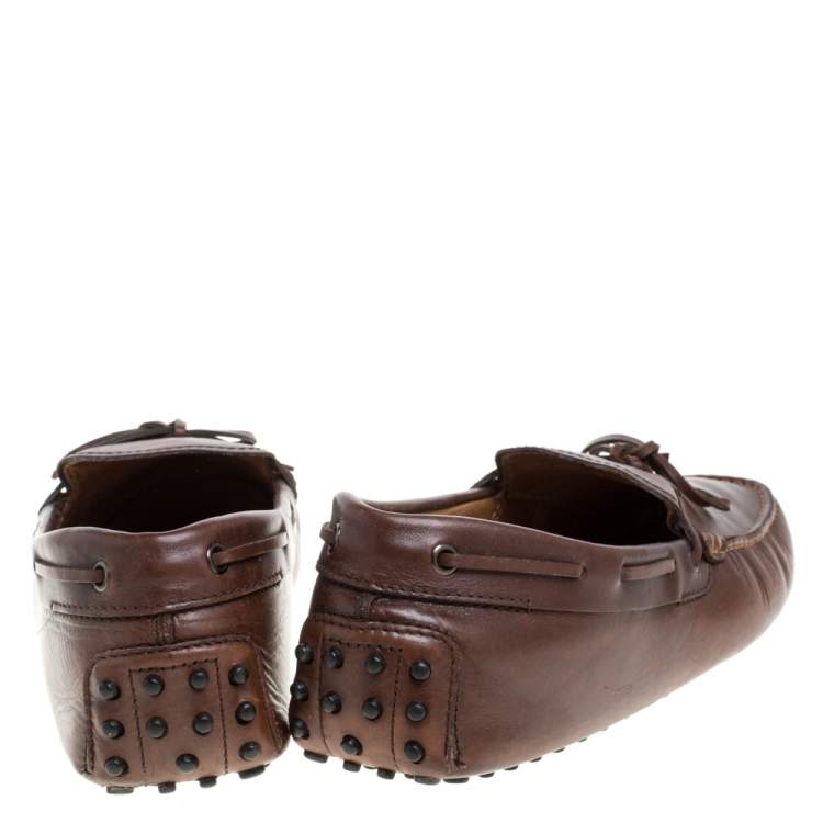 Pre Owned Tod's Brown Leather Bow Driver Loafers Size 44.5 
