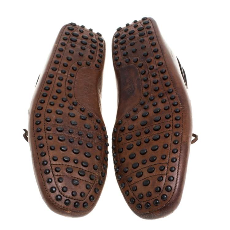 Pre Owned Tod's Brown Leather Bow Driver Loafers Size 44.5 