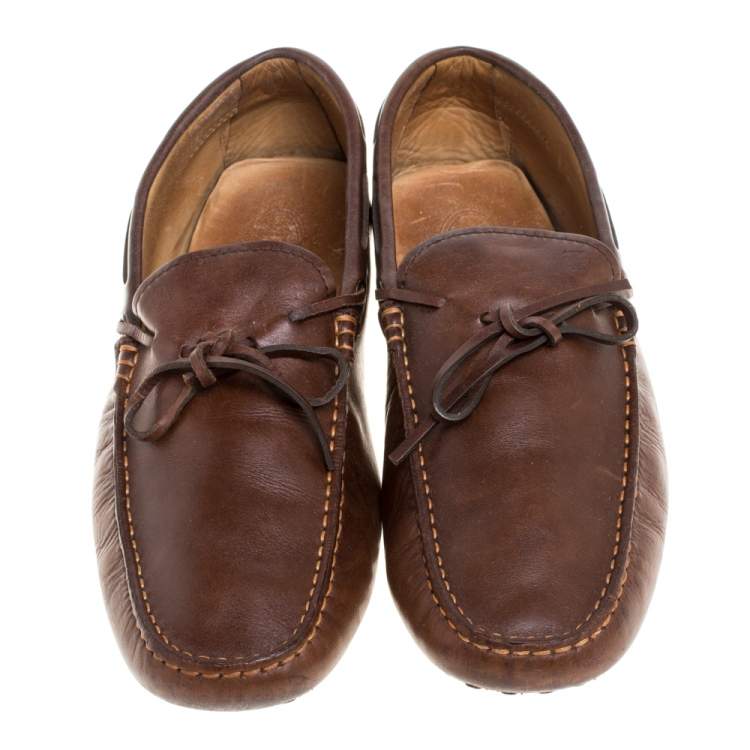 Pre Owned Tod's Brown Leather Bow Driver Loafers Size 44.5 