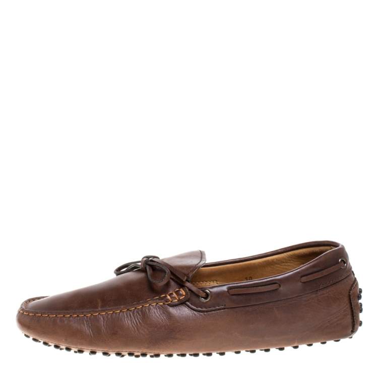 Pre Owned Tod's Brown Leather Bow Driver Loafers Size 44.5 