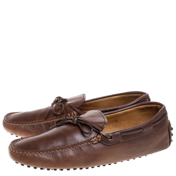 Pre Owned Tod's Brown Leather Bow Driver Loafers Size 44.5 
