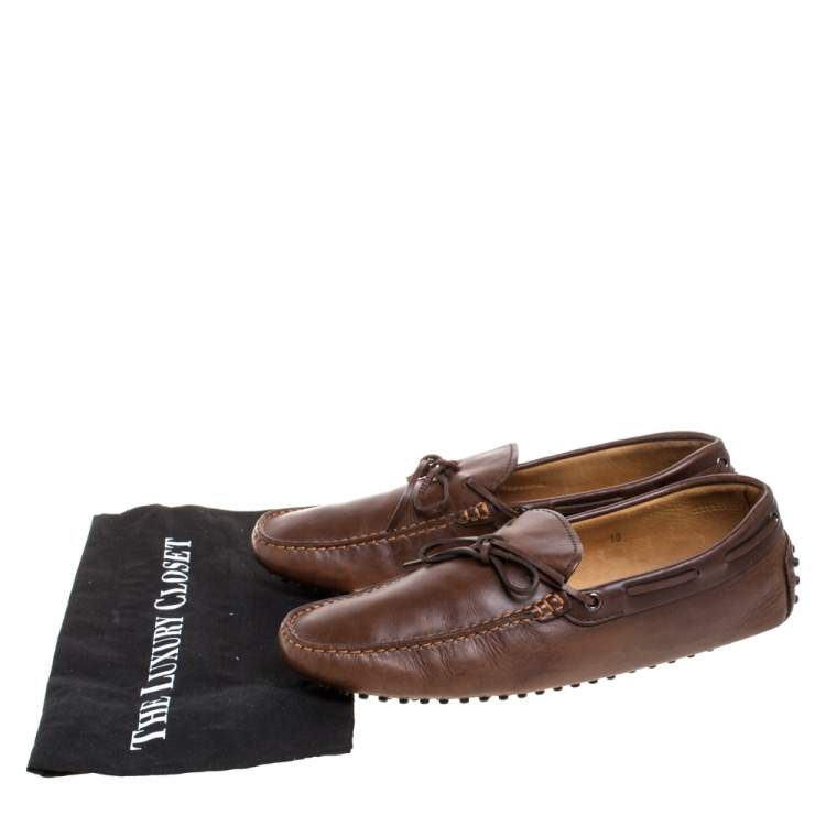 Pre Owned Tod's Brown Leather Bow Driver Loafers Size 44.5 