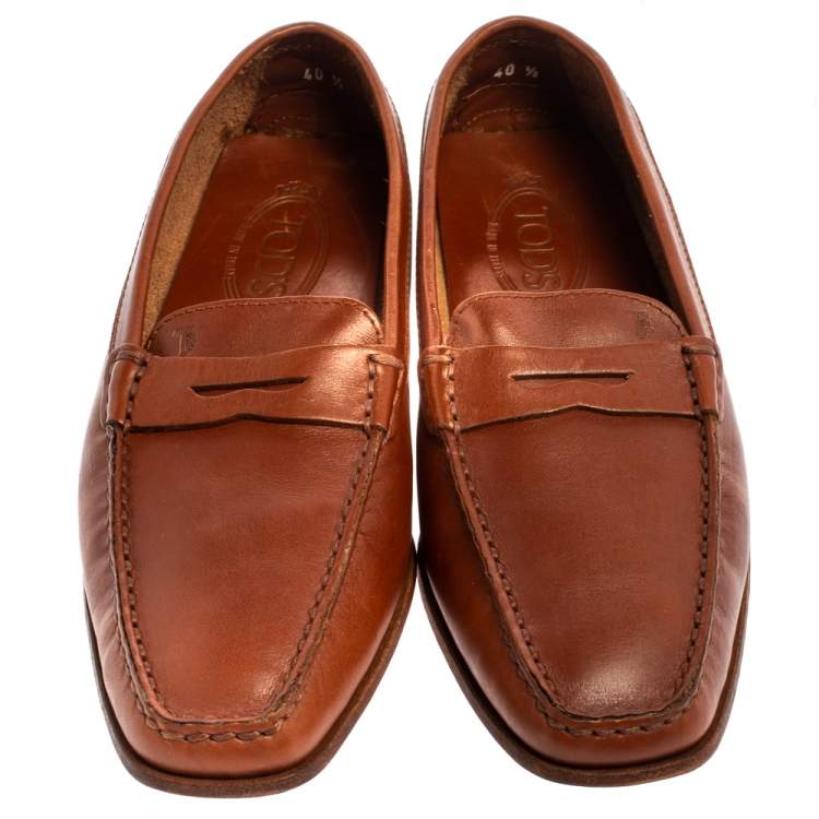 Pre Owned Tod's Brown Leather Penny Slip On Loafers Size 40.5