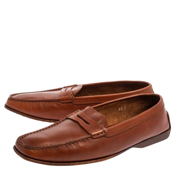Pre Owned Tod's Brown Leather Penny Slip On Loafers Size 40.5