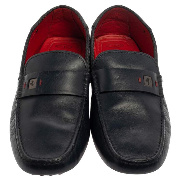 Pre Owned Tod's Blue Leather Ferrari Logo Slip On Loafers Size 43