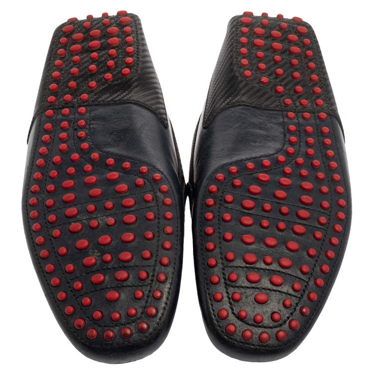 Pre Owned Tod's Blue Leather Ferrari Logo Slip On Loafers Size 43