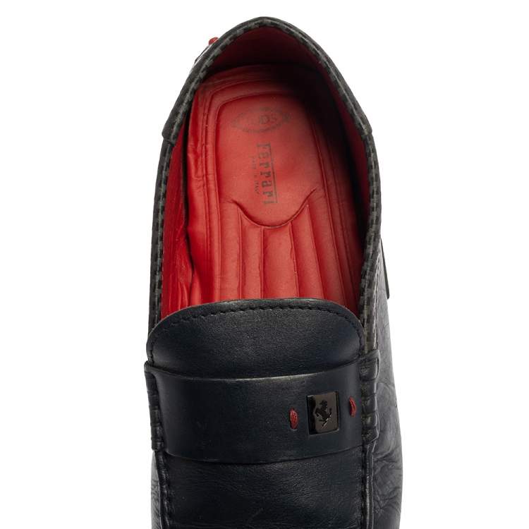 Pre Owned Tod's Blue Leather Ferrari Logo Slip On Loafers Size 43