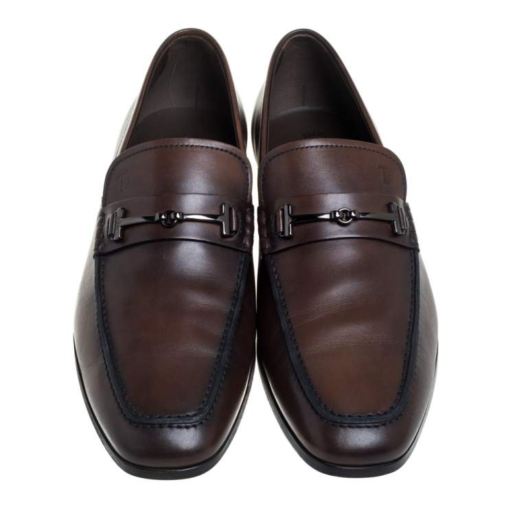 Pre Owned Tod's Brown Leather Double T Slip On Loafers Size 43