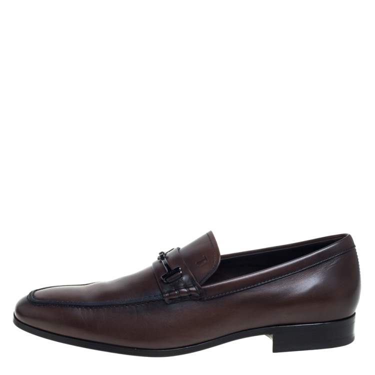 Pre Owned Tod's Brown Leather Double T Slip On Loafers Size 43