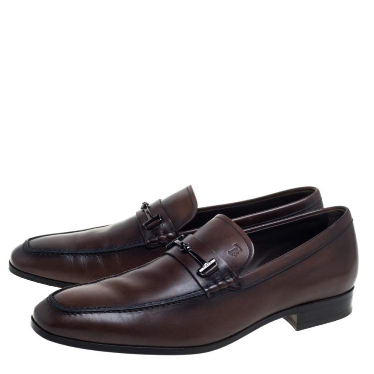 Pre Owned Tod's Brown Leather Double T Slip On Loafers Size 43