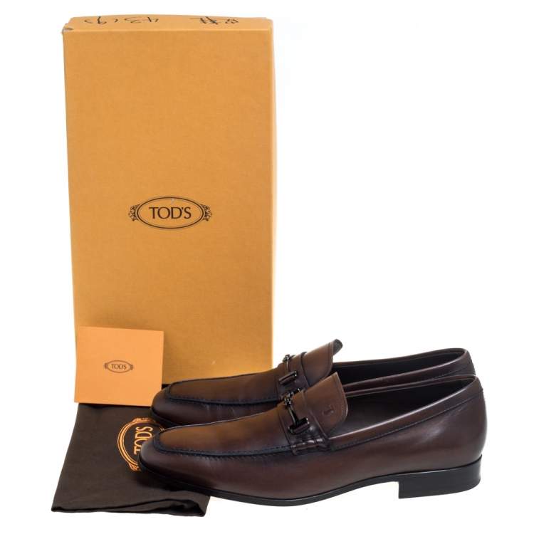 Pre Owned Tod's Brown Leather Double T Slip On Loafers Size 43