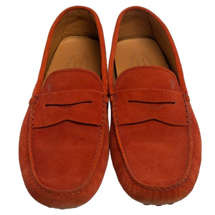 Pre Owned Tod's Orange Suede Gommino Driving Slip On Loafers Size 45.5