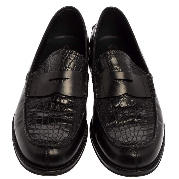 مملوكة مسبقًا Tod's Black Croc Embossed And Leather Slip On Loafer Size 42