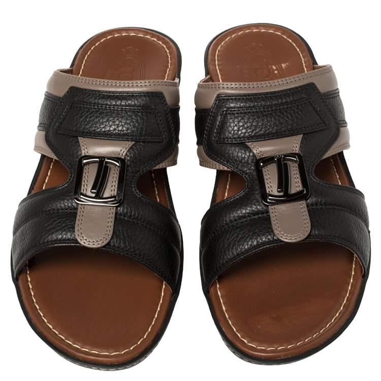 Pre Owned Tod's Black/Grey Leather Logo Embellished Slide Sandals Size 45