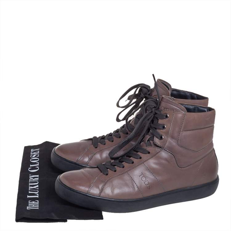 Pre Owned Tods Brown Leather Lace Up High Ankle Sneakers Size 42.5