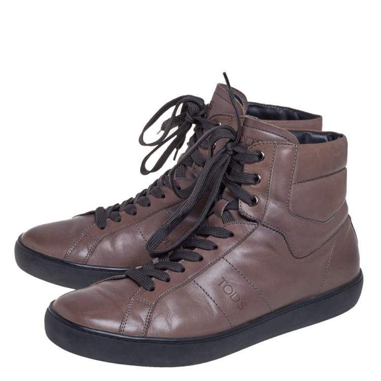 Pre Owned Tods Brown Leather Lace Up High Ankle Sneakers Size 42.5