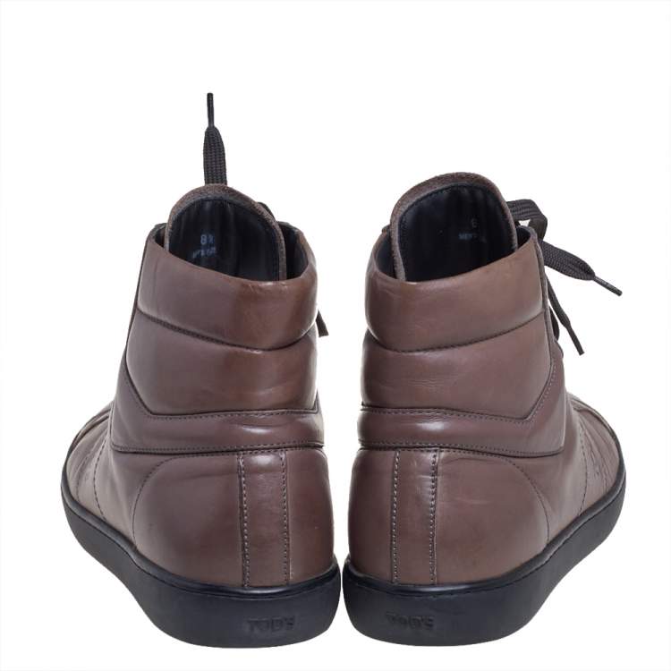 Pre Owned Tods Brown Leather Lace Up High Ankle Sneakers Size 42.5