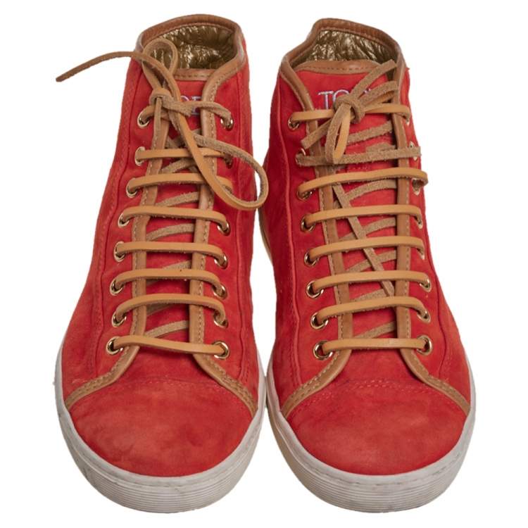 Pre Owned Tod's Orange/Brown Suede And Leather High Top Sneakers Size 38
