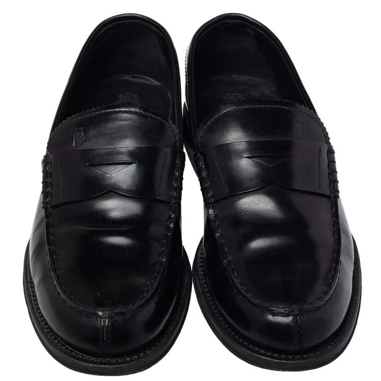 Pre Owned Tod's Black Leather Penny Slip On Loafers Size 39.5