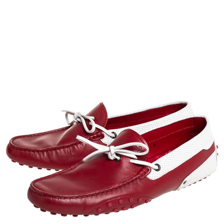 Pre Owned Tod's By Ferrari Red/White Leather Bow Slip On Loafers Size 41