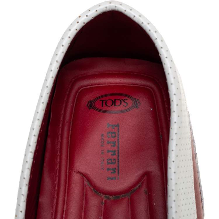Pre Owned Tod's By Ferrari Red/White Leather Bow Slip On Loafers Size 41