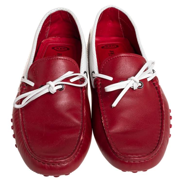 Pre Owned Tod's By Ferrari Red/White Leather Bow Slip On Loafers Size 41
