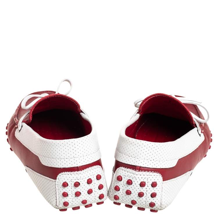 Pre Owned Tod's By Ferrari Red/White Leather Bow Slip On Loafers Size 41