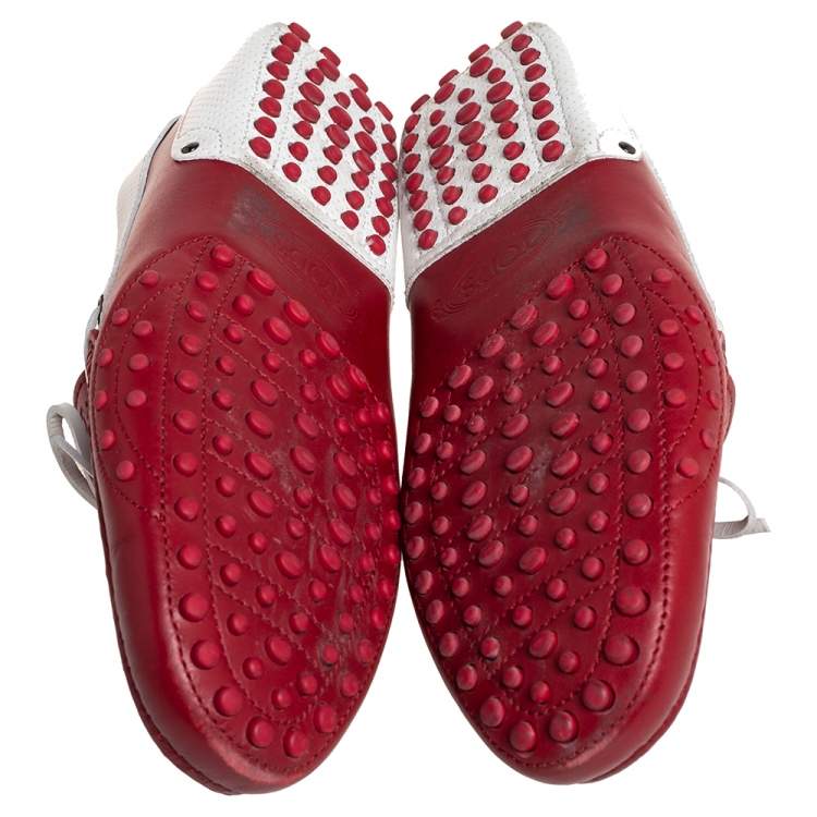 Pre Owned Tod's By Ferrari Red/White Leather Bow Slip On Loafers Size 41