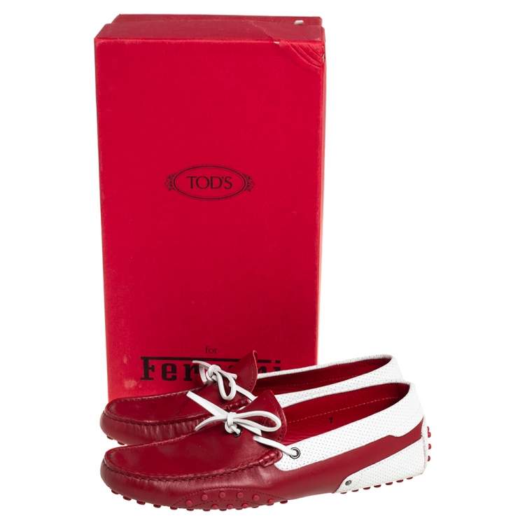 Pre Owned Tod's By Ferrari Red/White Leather Bow Slip On Loafers Size 41