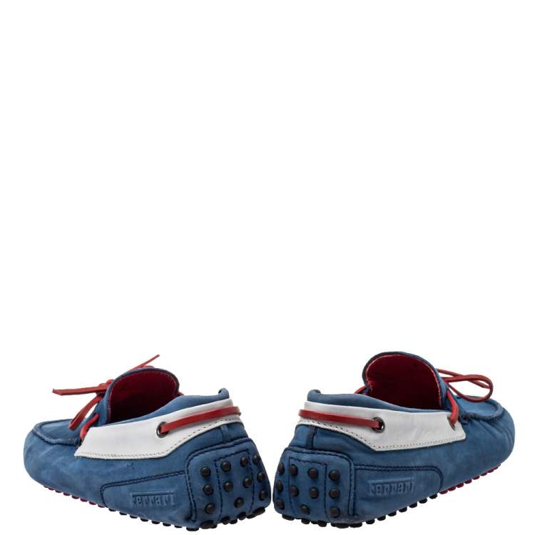 Pre Owned Tod's For Ferrari Blue/Red Nubuck Leather Bow Slip On Loafers Size 41