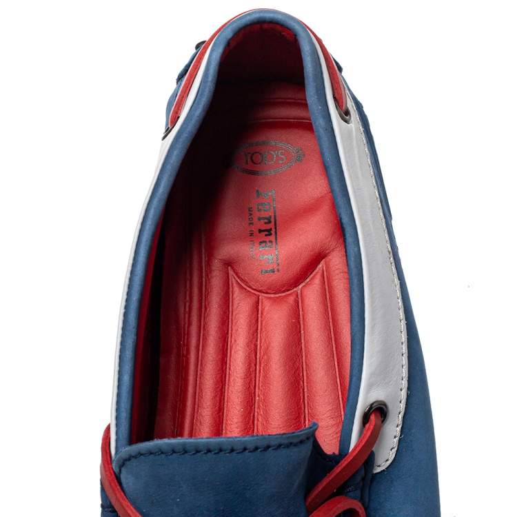 Pre Owned Tod's For Ferrari Blue/Red Nubuck Leather Bow Slip On Loafers Size 41
