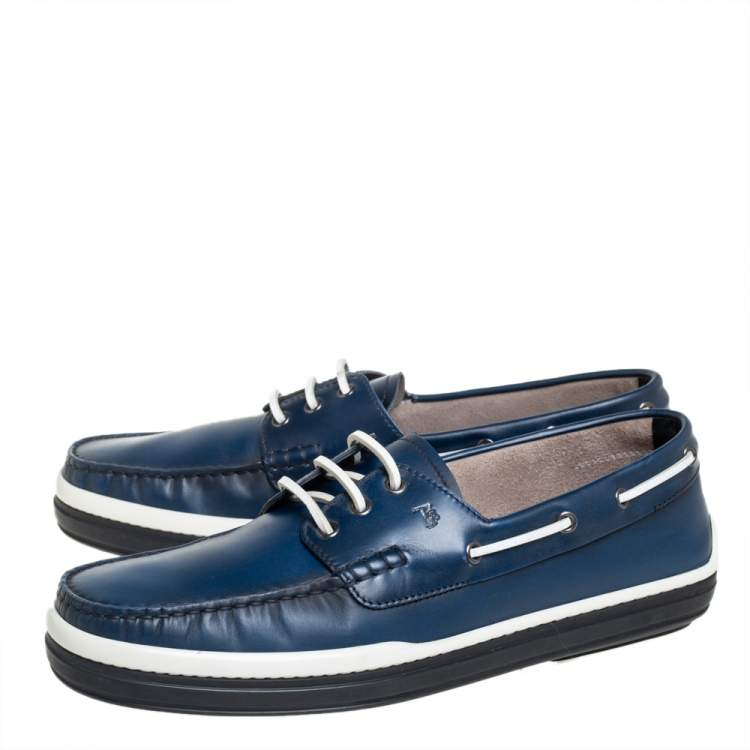 Pre Owned Tod's Blue Leather Lace Up Boat Shoes Size 44