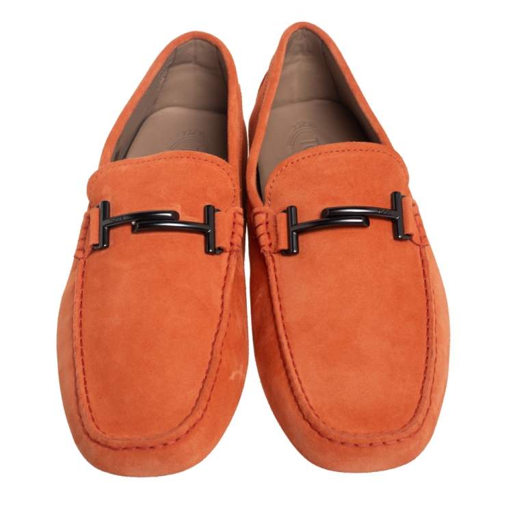 Pre Owned Tod's Orange Suede Gommino Double T Loafers Size 45.5