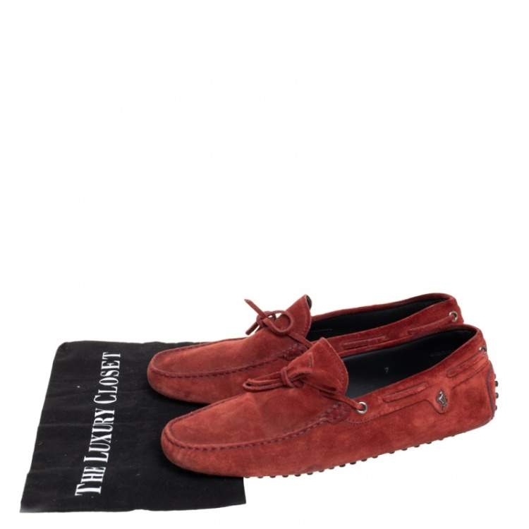 Pre Owned Tod's For Ferrari Maroon Suede Bow Slip On Loafers Size 41