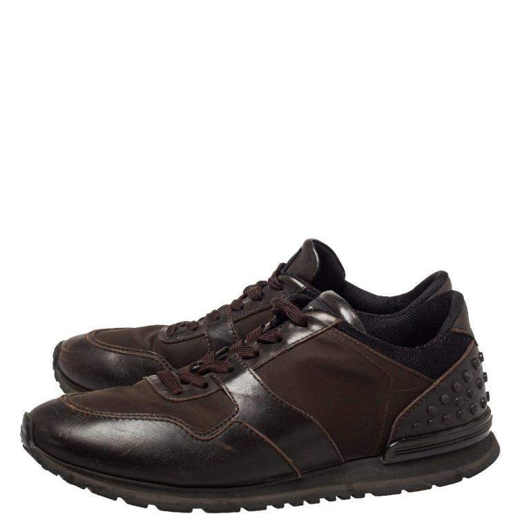 Pre Owned Tod's Brown Leather And Nylon Low Top Sneakers Size 42