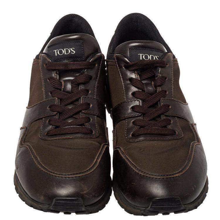 Pre Owned Tod's Brown Leather And Nylon Low Top Sneakers Size 42