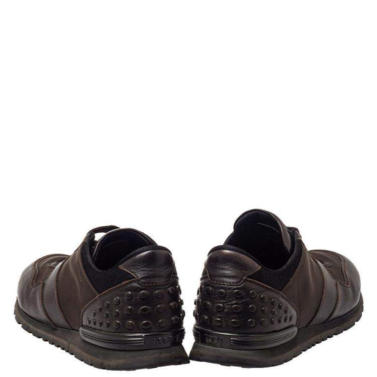 Pre Owned Tod's Brown Leather And Nylon Low Top Sneakers Size 42