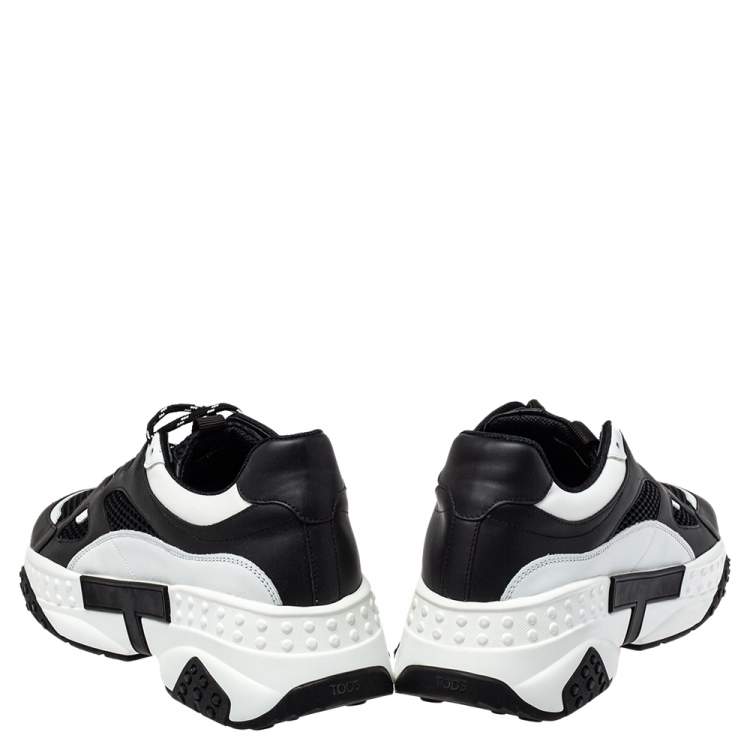 مملوكة مسبقًا Tod's Black/White Leather Mesh Lace Up Sneakers Size 44.5