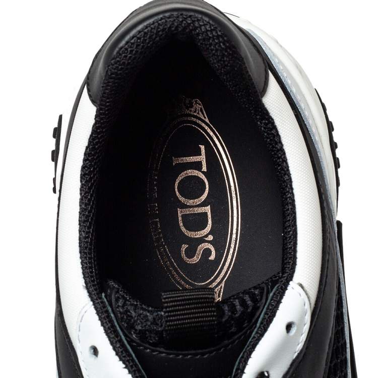 مملوكة مسبقًا Tod's Black/White Leather Mesh Lace Up Sneakers Size 44.5