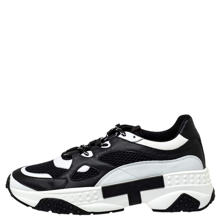 مملوكة مسبقًا Tod's Black/White Leather Mesh Lace Up Sneakers Size 44.5