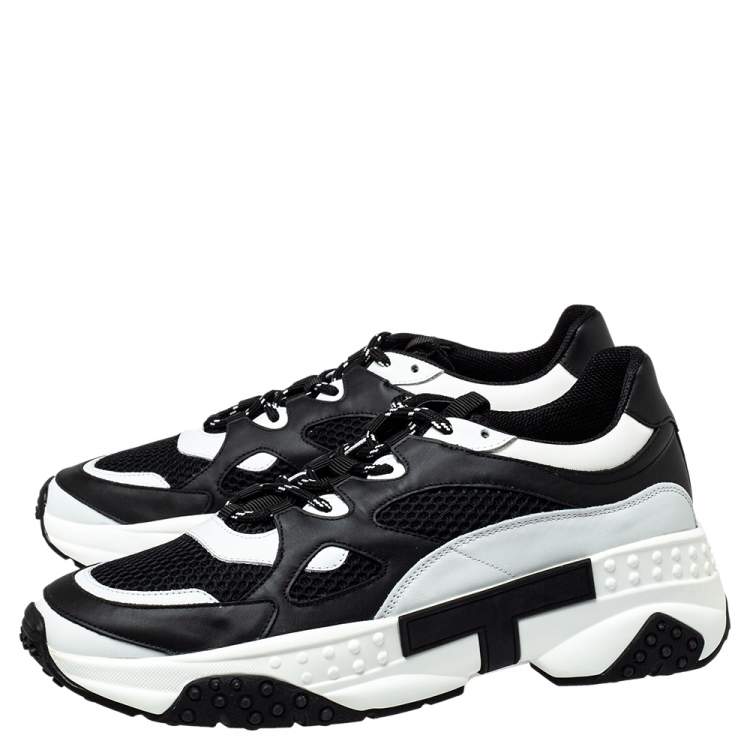 مملوكة مسبقًا Tod's Black/White Leather Mesh Lace Up Sneakers Size 44.5