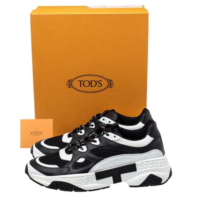 مملوكة مسبقًا Tod's Black/White Leather Mesh Lace Up Sneakers Size 44.5