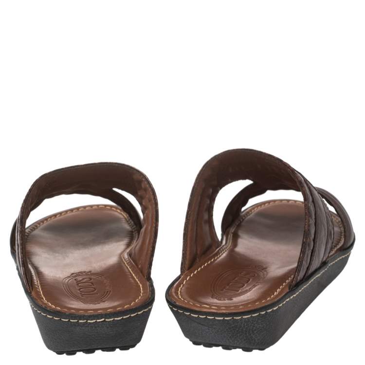 Pre Owned Tod's Brown Leather And Croc Embossed Slide Sandals Size 41.5