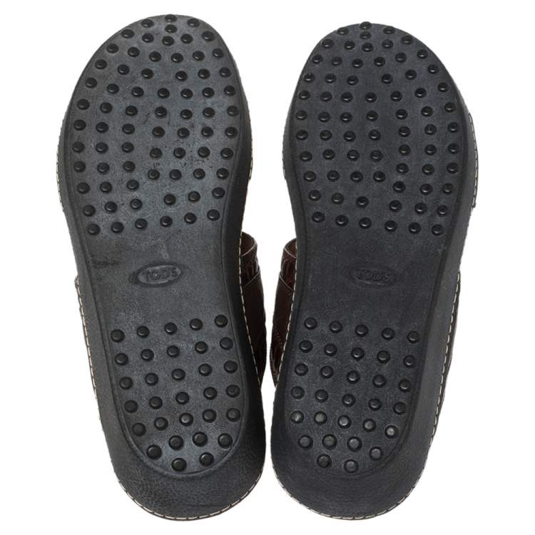Pre Owned Tod's Brown Leather And Croc Embossed Slide Sandals Size 41.5