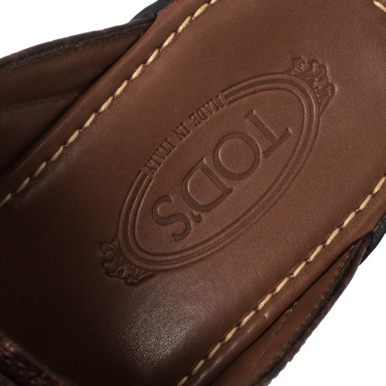 Pre Owned Tod's Brown Leather And Croc Embossed Slide Sandals Size 41.5