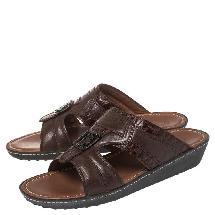 Pre Owned Tod's Brown Leather And Croc Embossed Slide Sandals Size 41.5