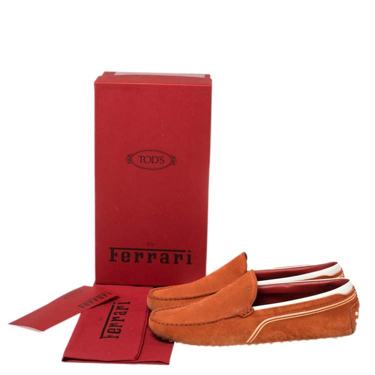 Pre Owned Tod's for Ferrari Orange Suede and White Leather Loafers Size 43