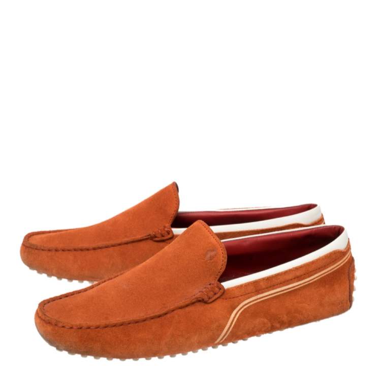 Pre Owned Tod's for Ferrari Orange Suede and White Leather Loafers Size 43