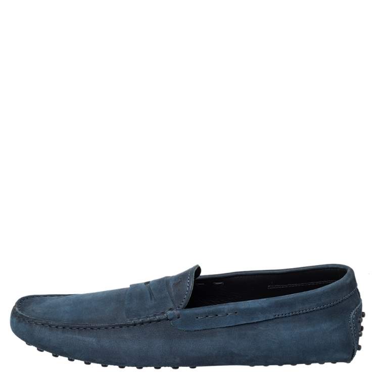 Pre Owned Tod's Navy Blue Nubuck Leather Penny Slip On Loafers Size 45.5